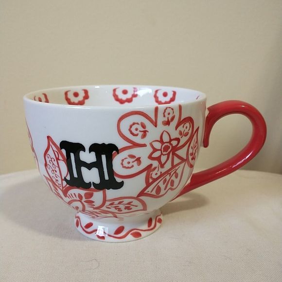 Dutch Wax Coastline Ceramic White Red Floral Coffe Tea Mug Cup Footed Monogram H - Picture 1 of 6
